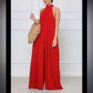 Red Halter Lyaner wide-leg romper style Jumpsuit
